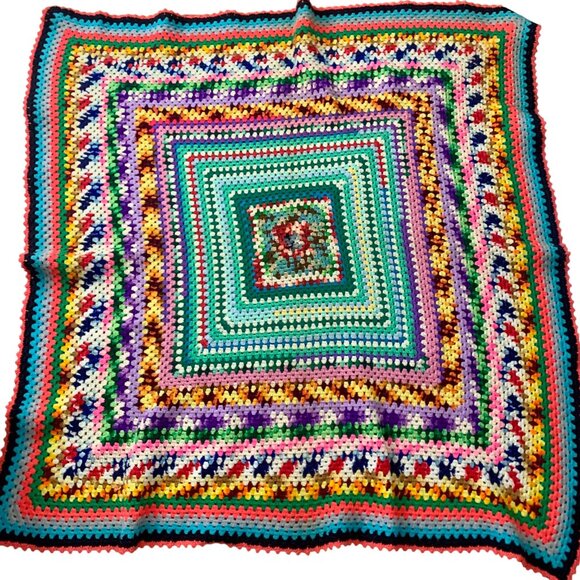Handcrafted Bright Neon Multicolored Granny Square Crochet Blanket 63" x 57" - Picture 1 of 3